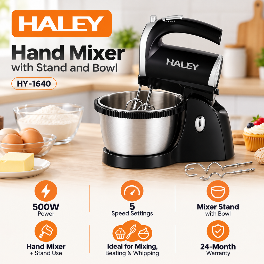 Haley 500W Hand Mixer with Stand & Bowl