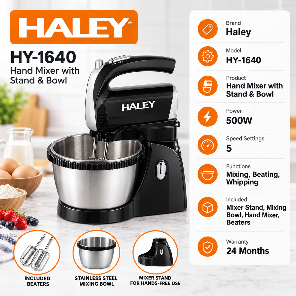 Haley 500W Hand Mixer with Stand & Bowl