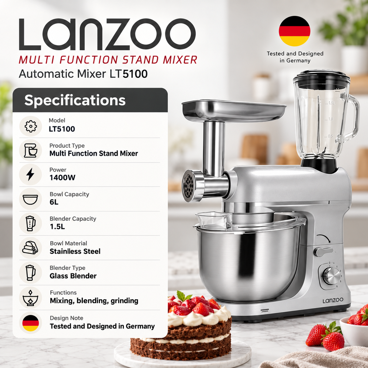Lanzoo 1400W Multifunction Stand Mixer