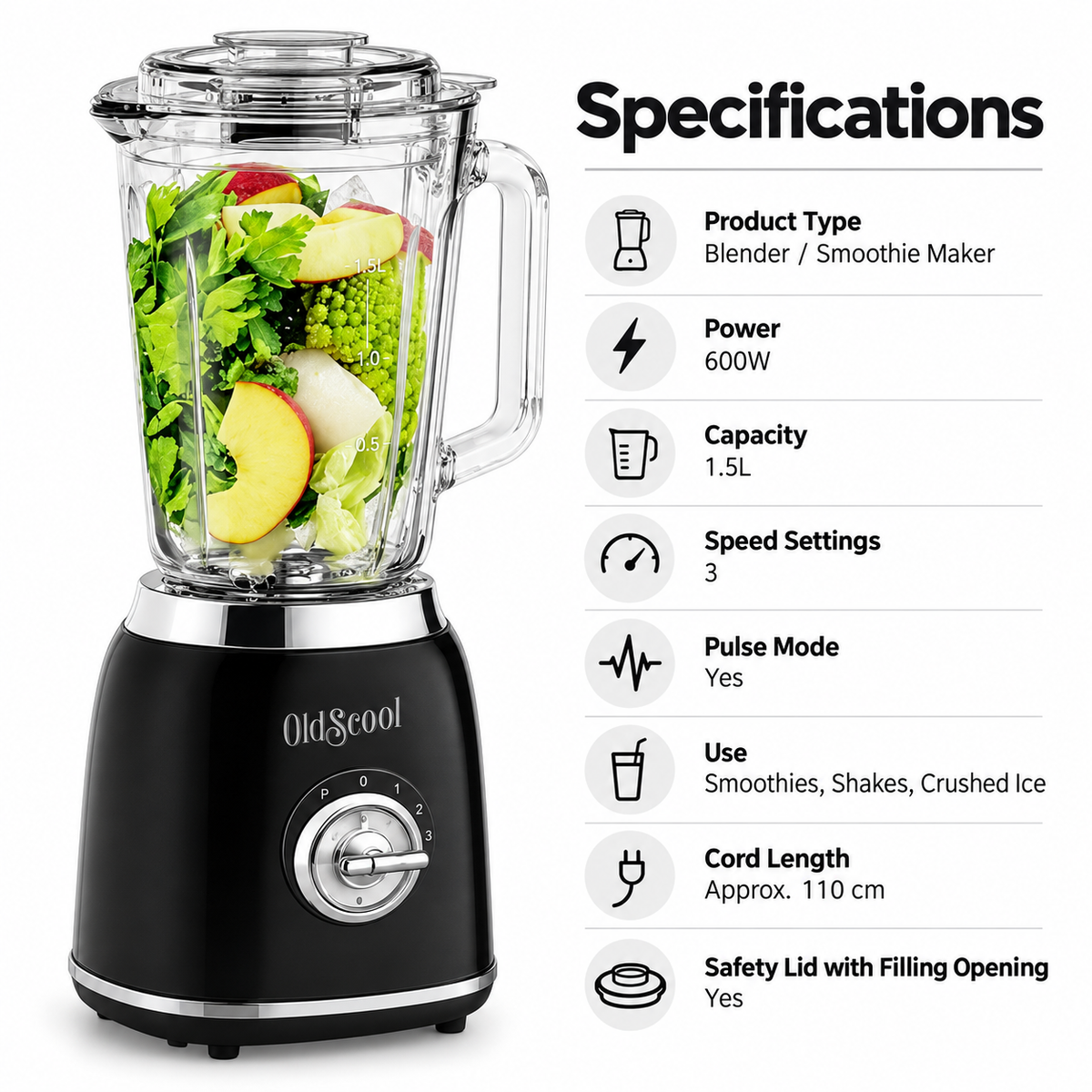 OldScool 600W Retro Blender – 1.5L