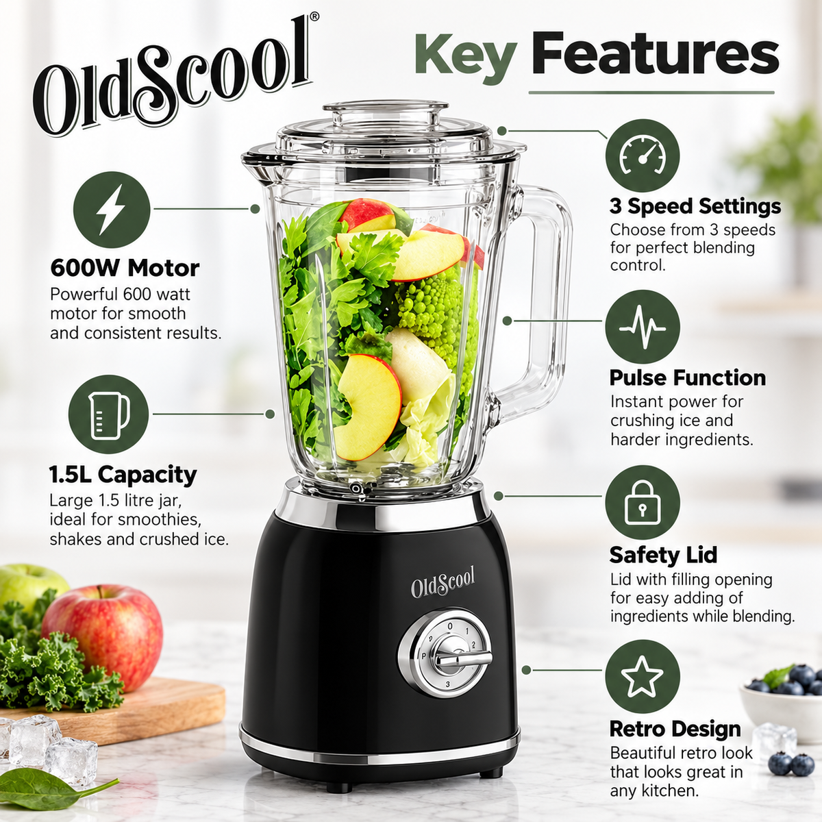 OldScool 600W Retro Blender – 1.5L