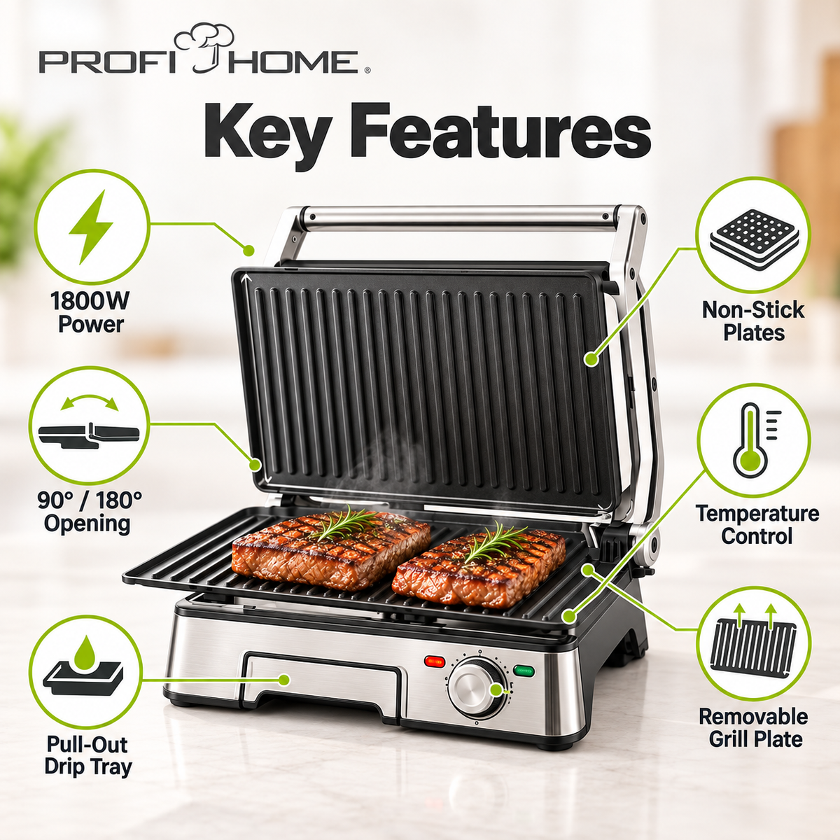 Profi Home 1800W Electric Healthy Grill