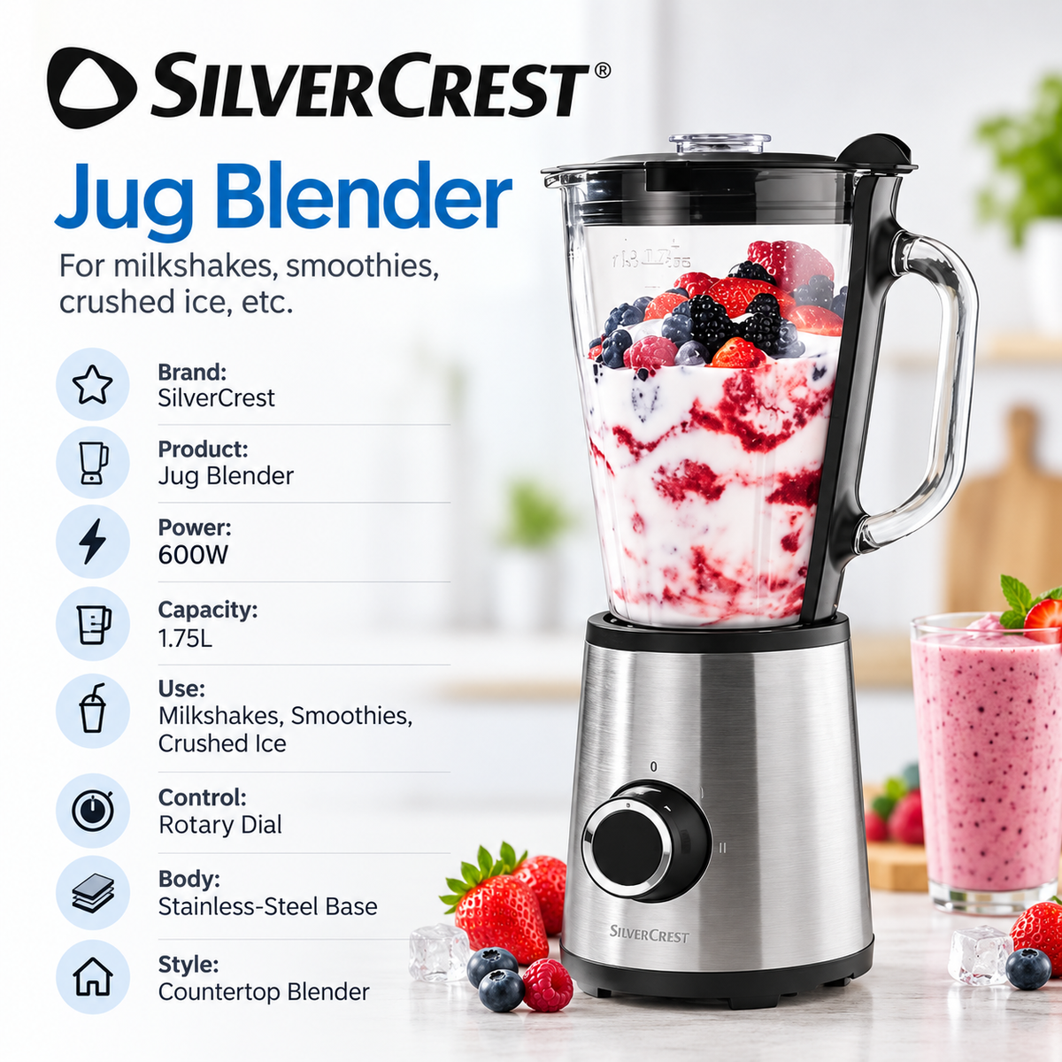 SilverCrest 600W Jug Blender – 1.75L