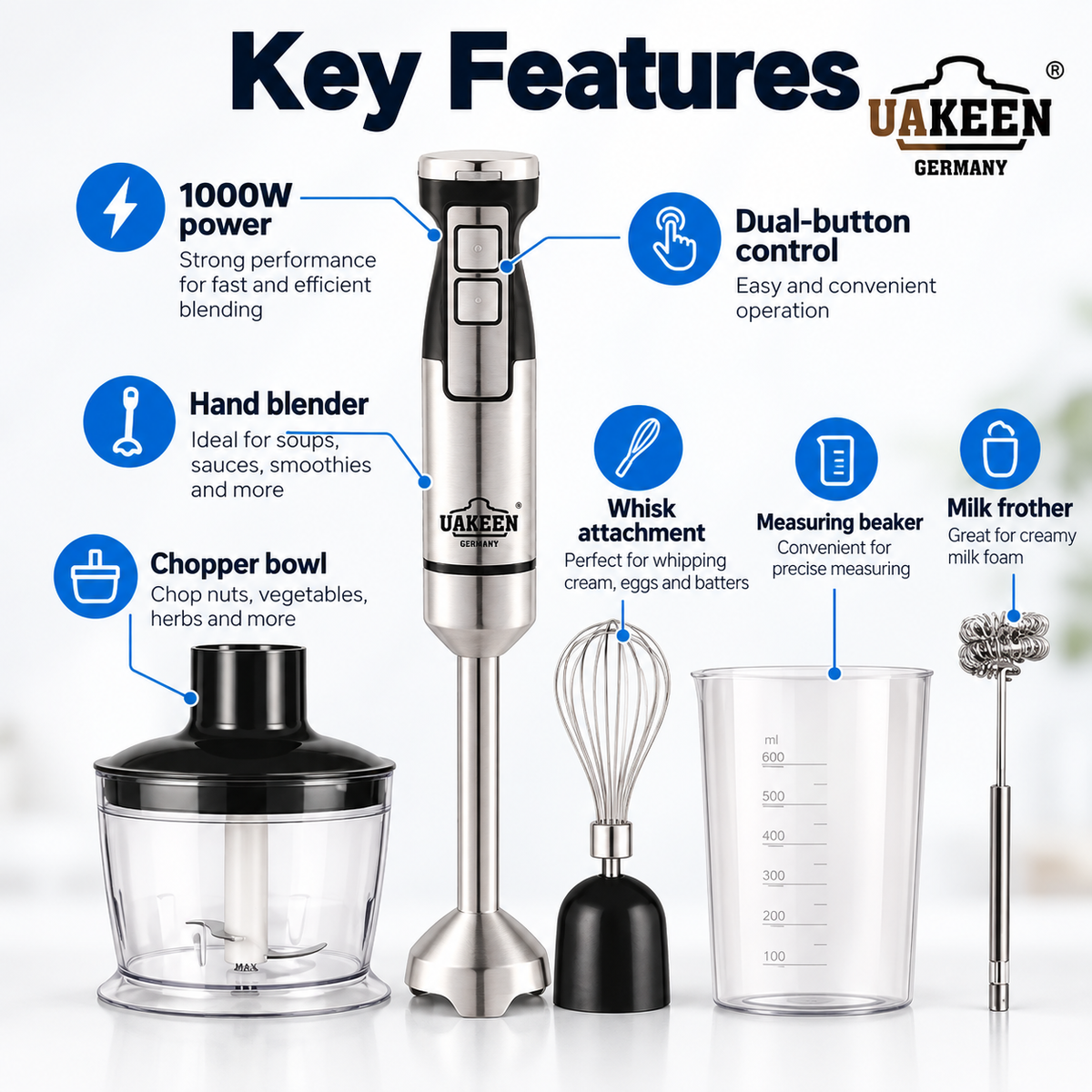 Uakeen 1000W 5-in-1 Hand Blender Set