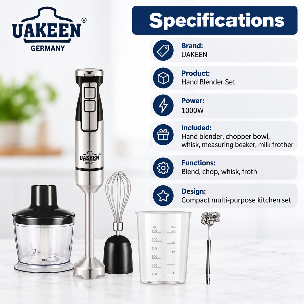 Uakeen 1000W 5-in-1 Hand Blender Set